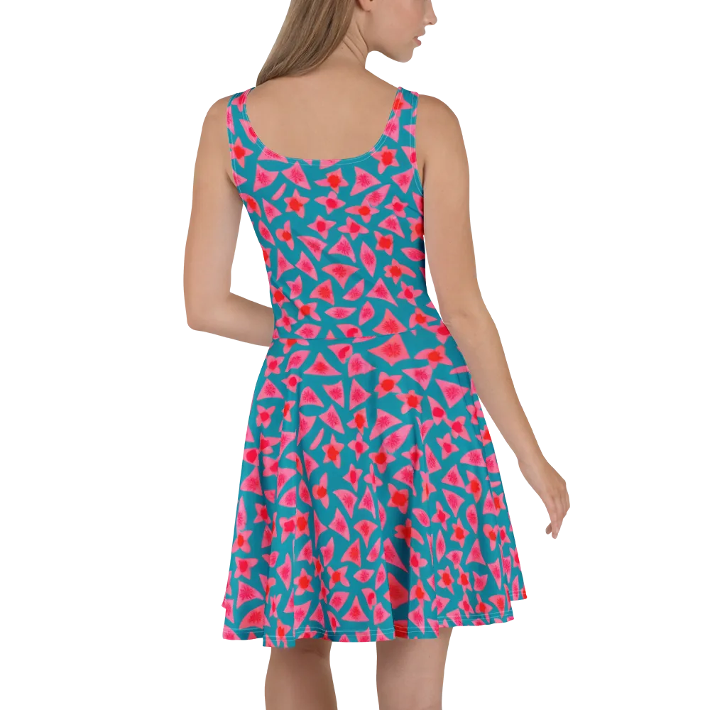 Neon Hibiscus Scatter on Skater Dress — Back