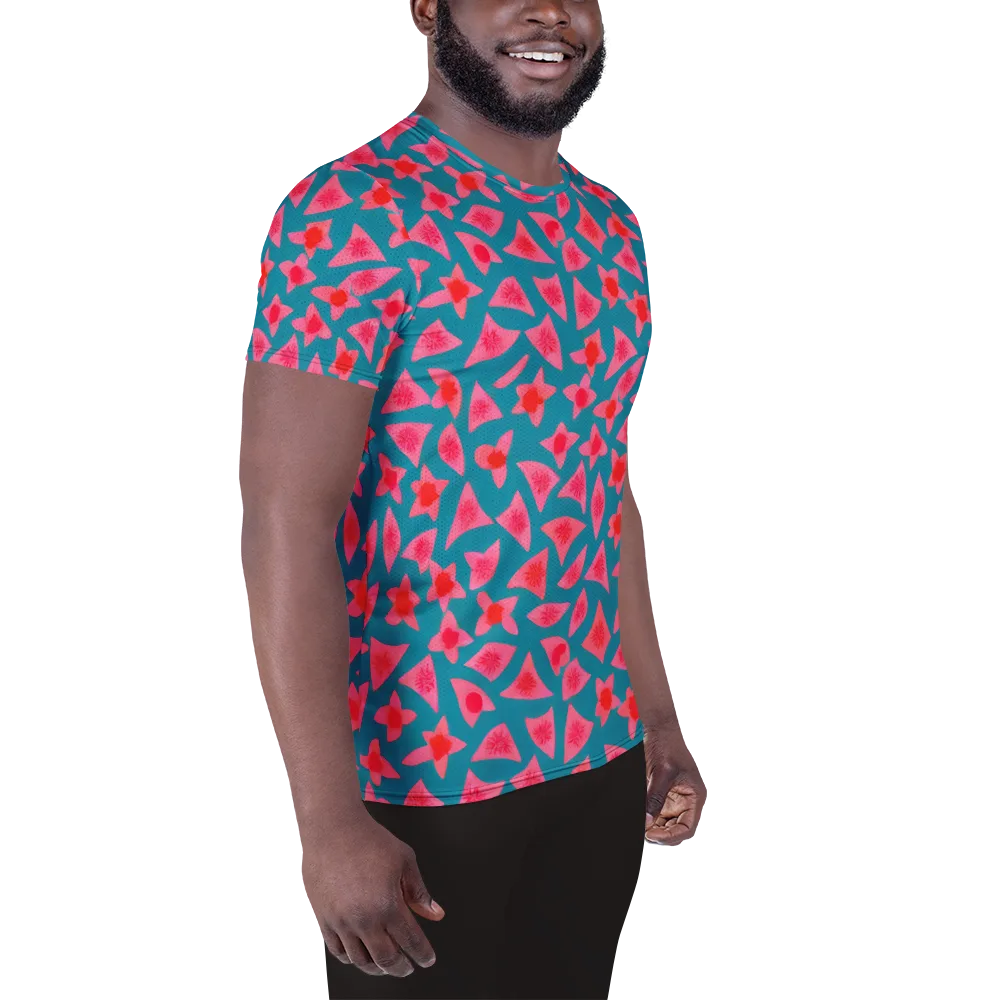 Neon Hibiscus Scatter on Men's Athletic T-Shirt — Right