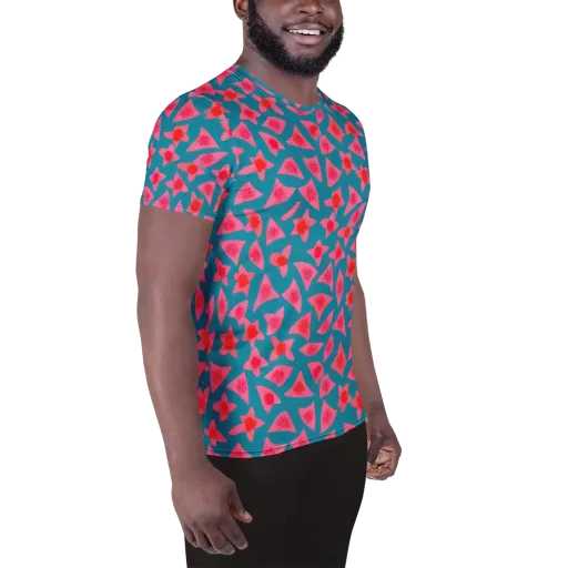 Neon Hibiscus Scatter on a Men's Athletic T-Shirt