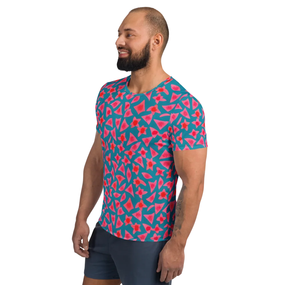 Neon Hibiscus Scatter on Men's Athletic T-Shirt — Left