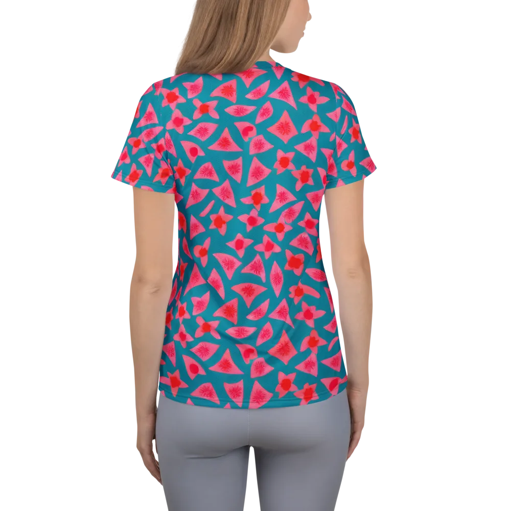 Neon Hibiscus Scatter on Women's Athletic T-Shirt — Back