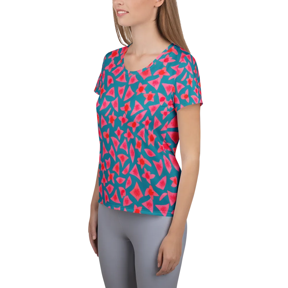 Neon Hibiscus Scatter on Women's Athletic T-Shirt — Left