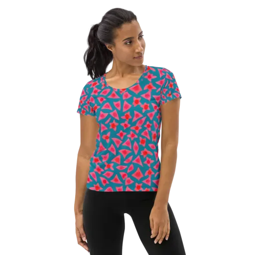 Neon Hibiscus Scatter on a Women's Athletic T-Shirt