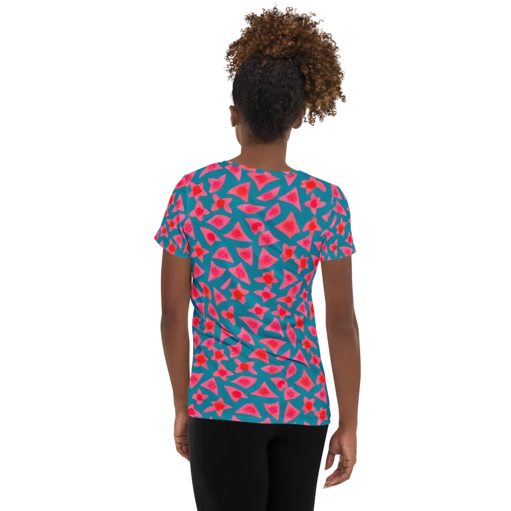 Neon Hibiscus Scatter on Women's Athletic T-Shirt — Back