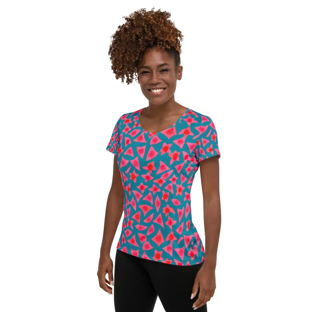 Neon Hibiscus Scatter on Women's Athletic T-Shirt — Left