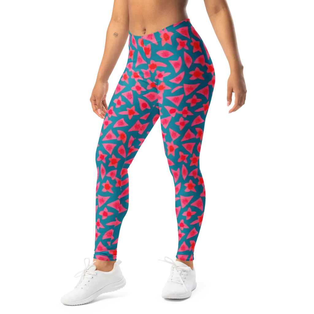 Neon Hibiscus Scatter on Leggings — Left Front