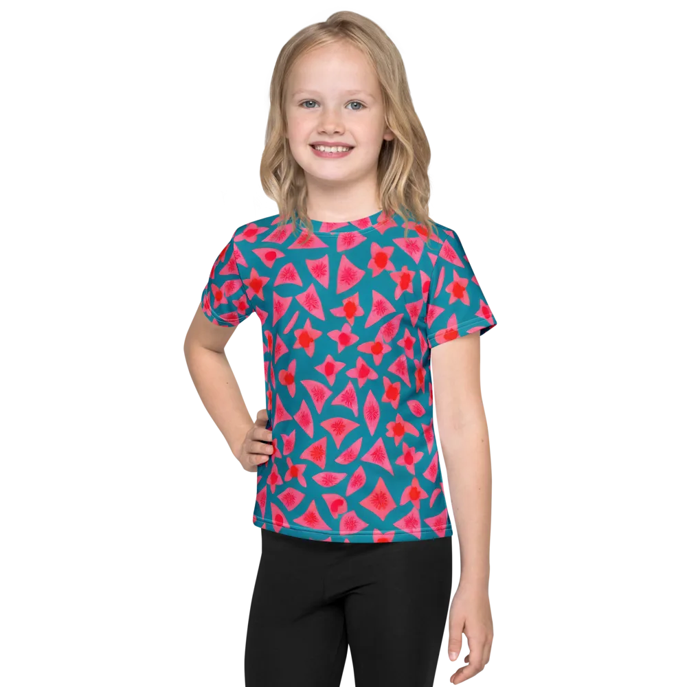 Neon Hibiscus Scatter on Kids Crew Neck T-Shirt — Front