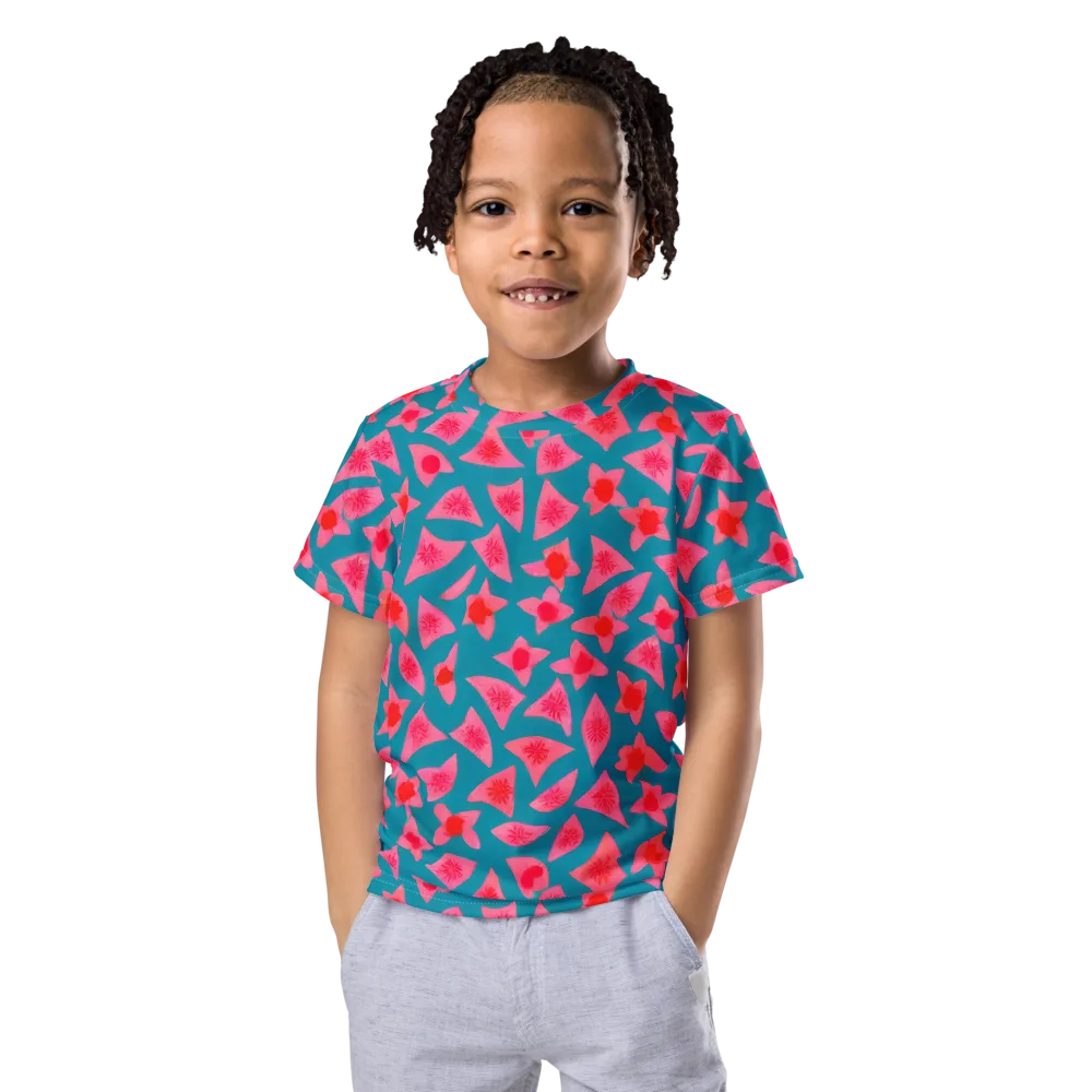 Neon Hibiscus Scatter on Kids Crew Neck T-Shirt — Front