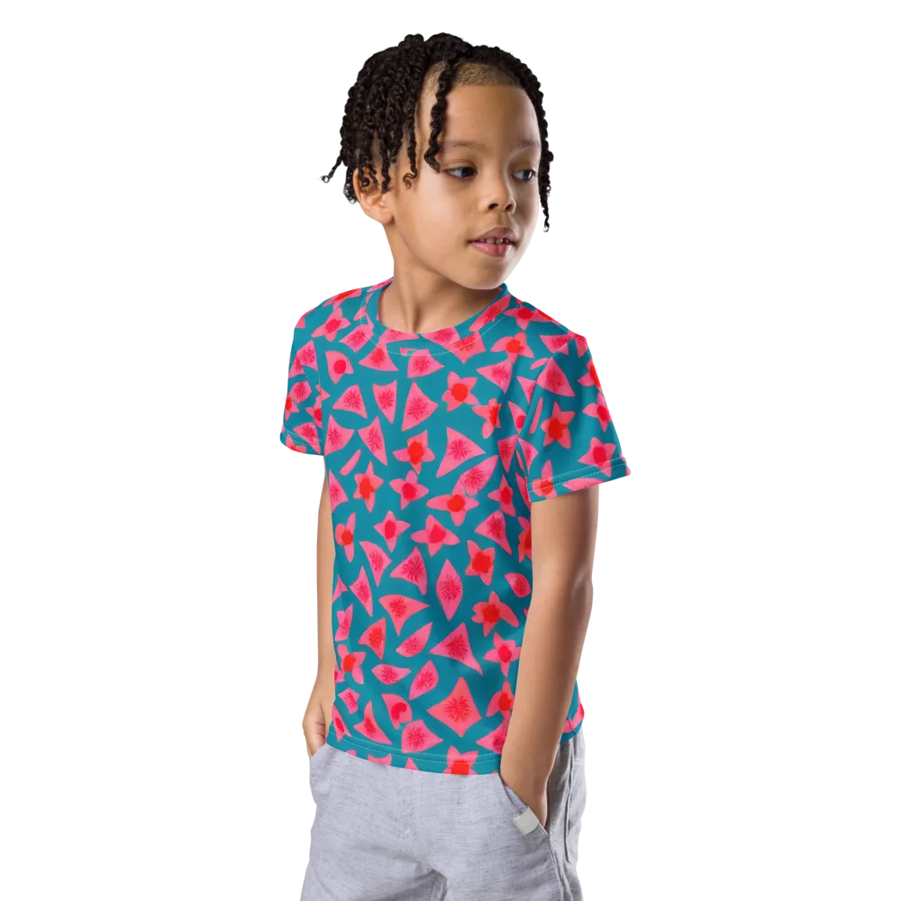 Neon Hibiscus Scatter on Kids Crew Neck T-Shirt — Left Front