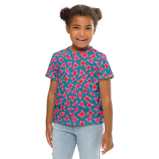 Neon Hibiscus Scatter on a Kids Crew Neck T-Shirt