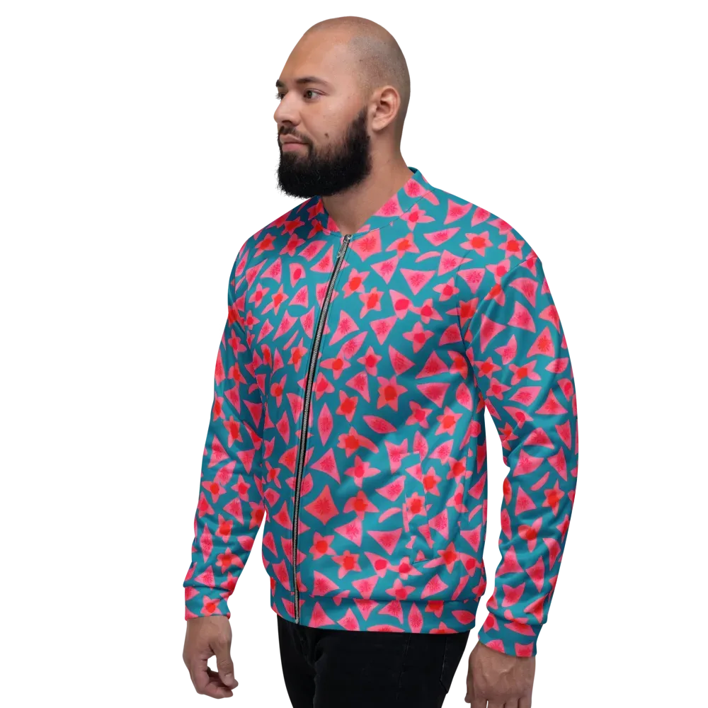 Neon Hibiscus Scatter on Bomber Jacket — Left
