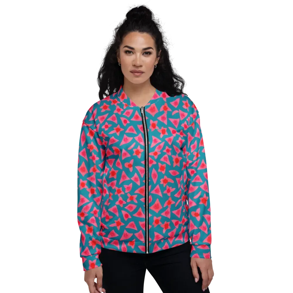 Neon Hibiscus Scatter on Bomber Jacket — Front