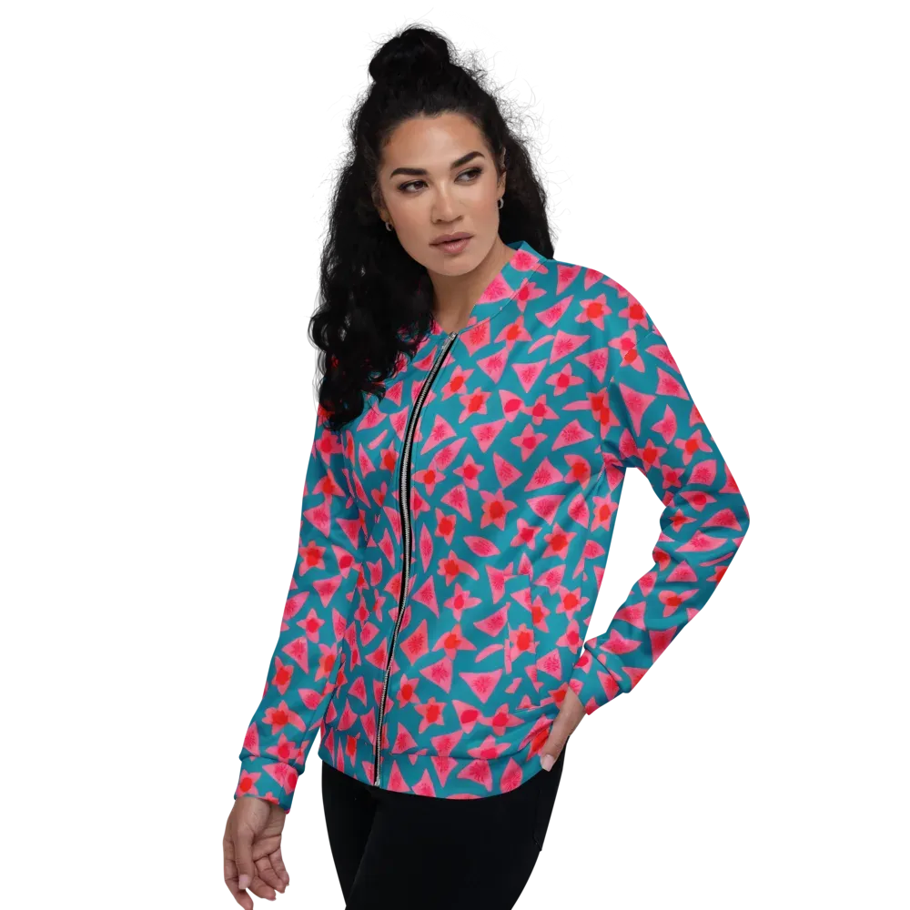 Neon Hibiscus Scatter on Bomber Jacket — Left