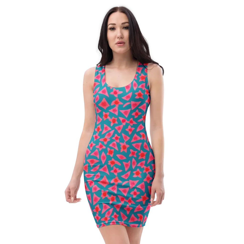 Neon Hibiscus Scatter on Bodycon Dress — Front