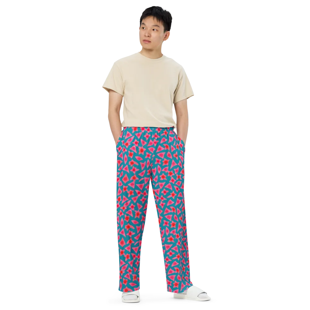 Neon Hibiscus Scatter on Wide-Leg Pants — Front