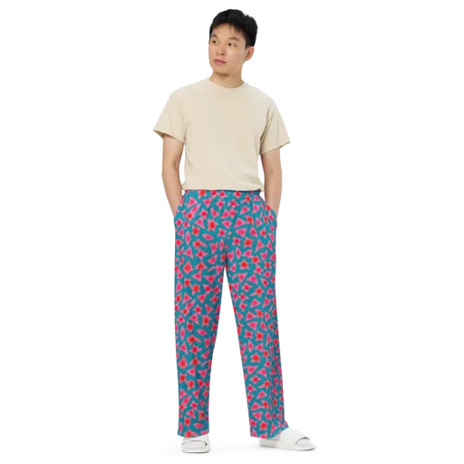 Neon Hibiscus Scatter on a Wide-Leg Pants