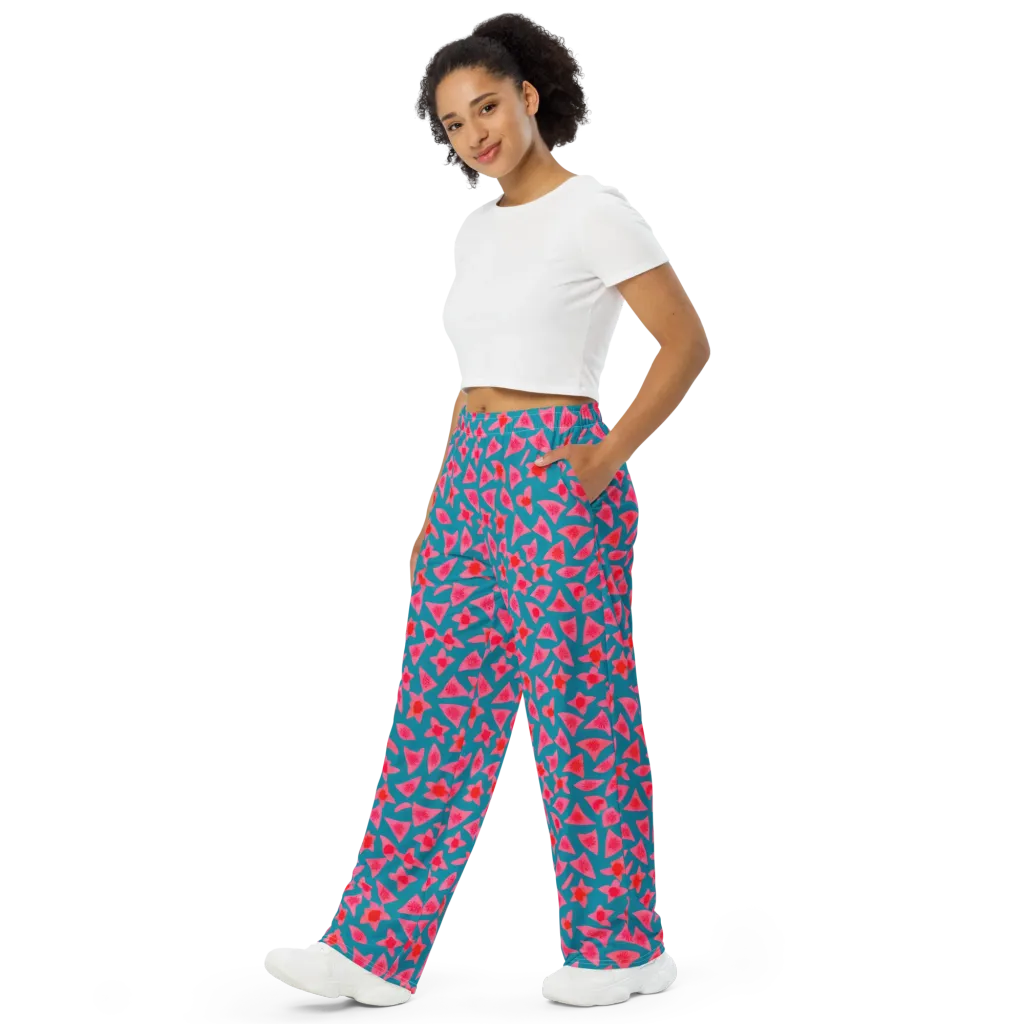 Neon Hibiscus Scatter on Wide-Leg Pants — Left Front