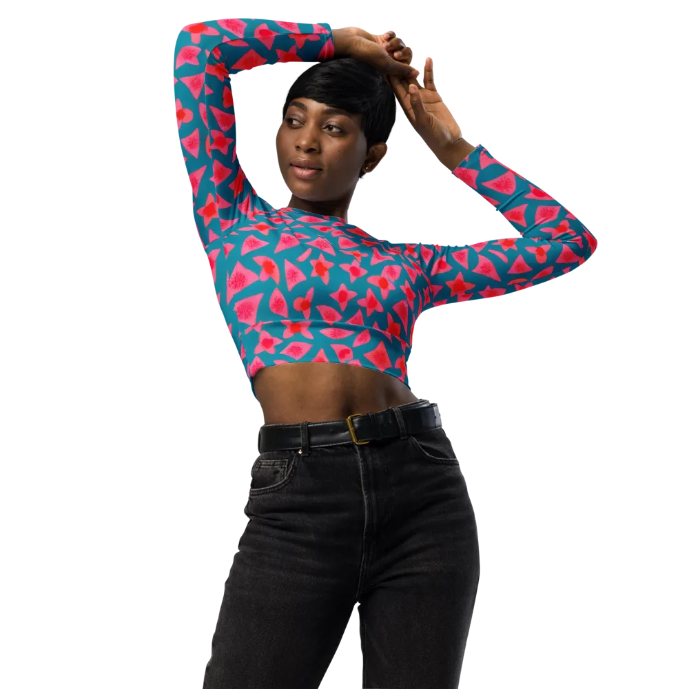 Neon Hibiscus Scatter on Long Sleeve Crop Top — Front