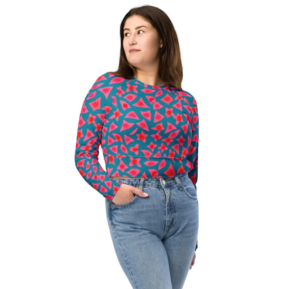 Neon Hibiscus Scatter on Long Sleeve Crop Top — Front