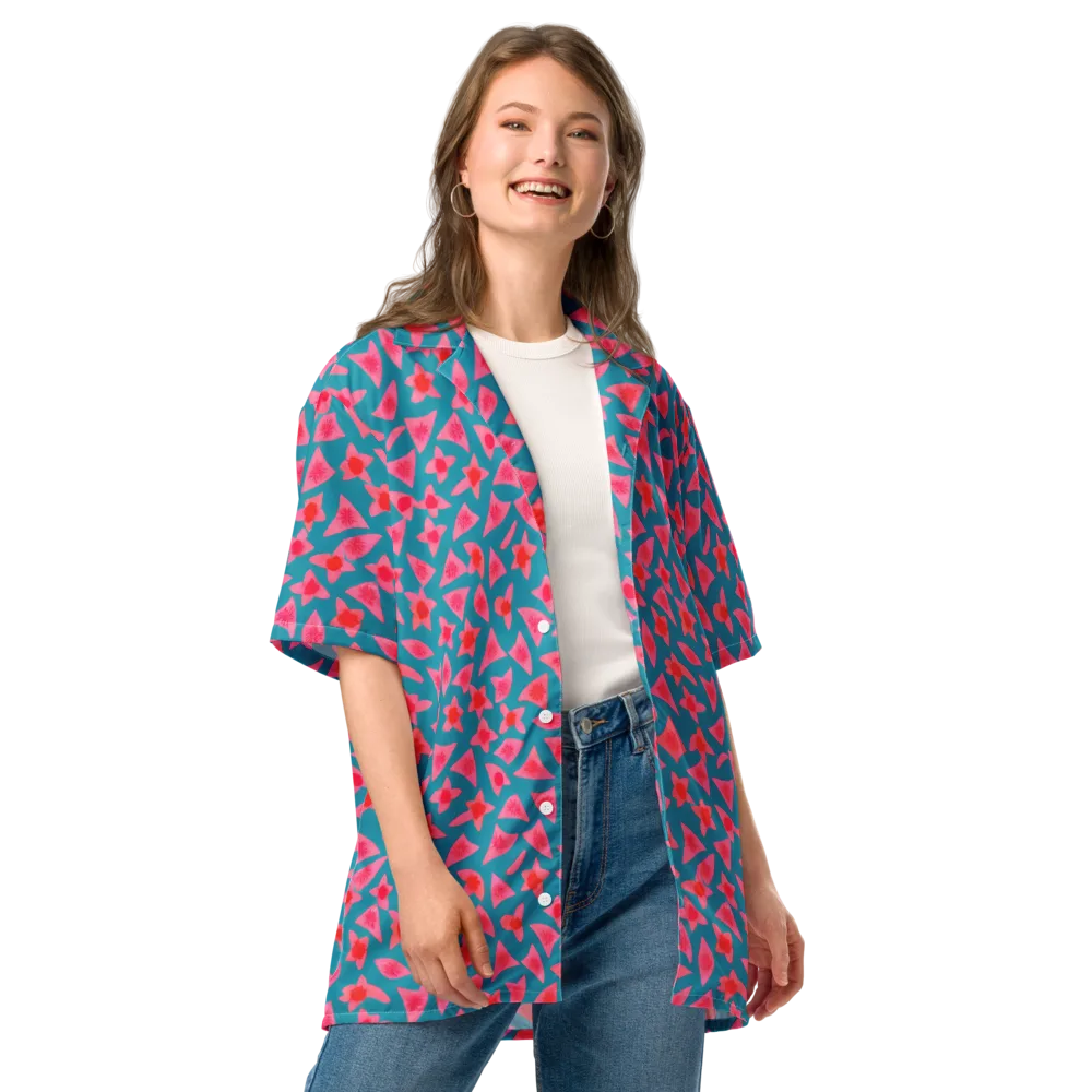 Neon Hibiscus Scatter on Button Shirt — Front