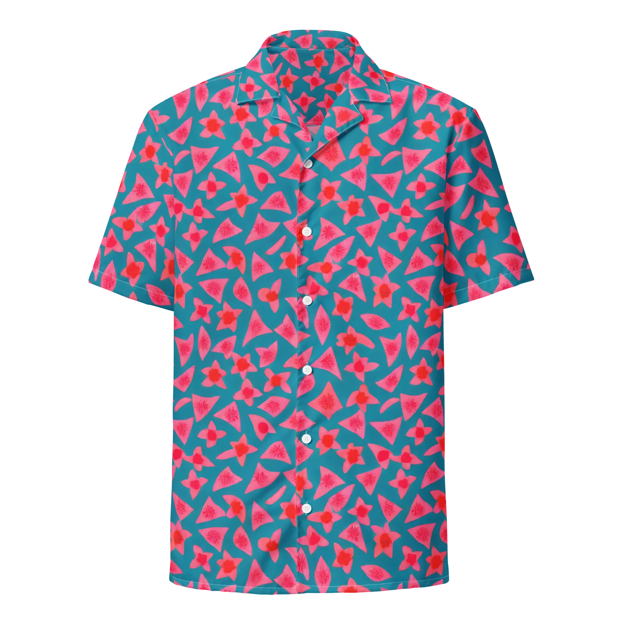 Neon Hibiscus Scatter on Button Shirt — Front
