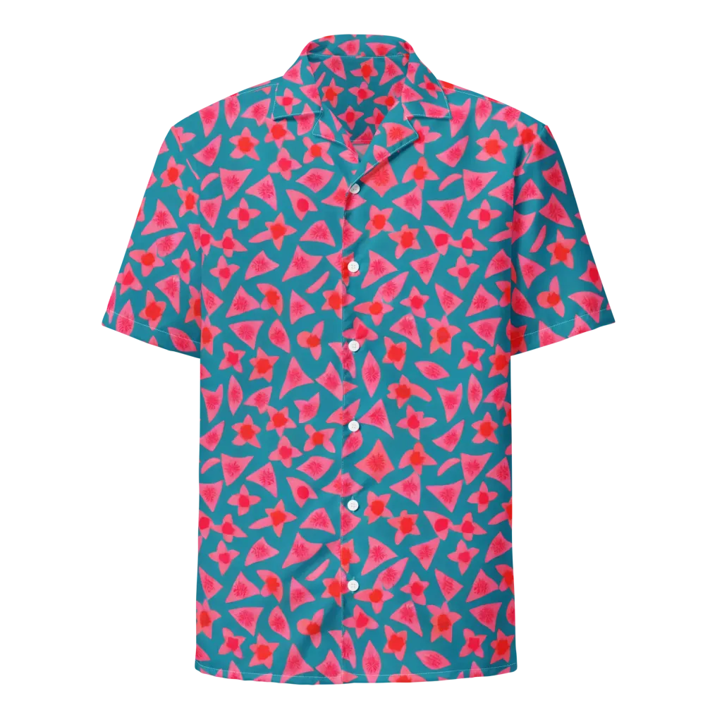 Neon Hibiscus Scatter on Button Shirt — Front