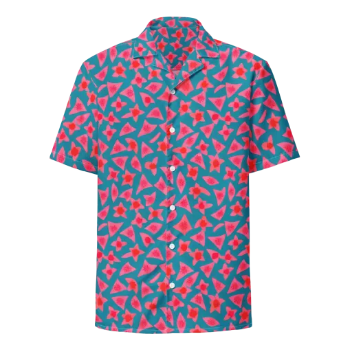 Neon Hibiscus Scatter on a Button Shirt