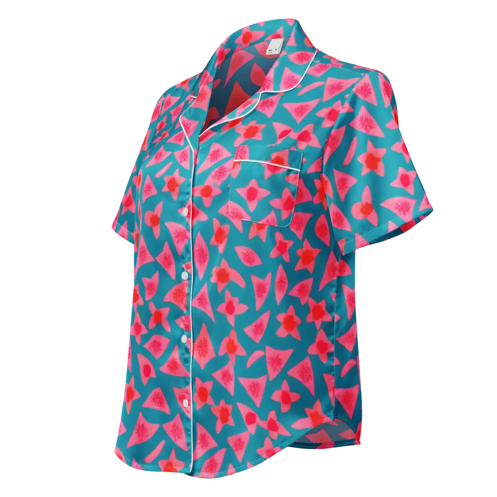 Neon Hibiscus Scatter on Women's Short Sleeve Pajama Top — Left Front