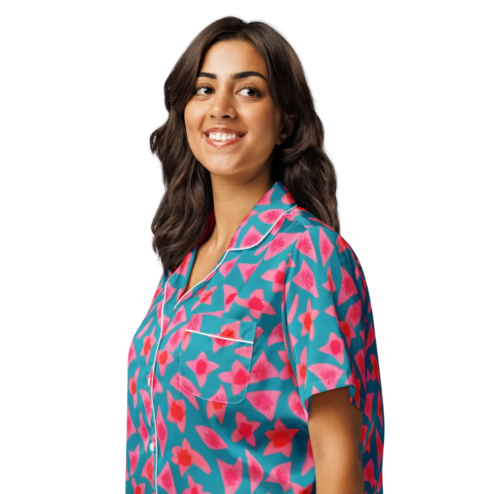Neon Hibiscus Scatter on Women's Short Sleeve Pajama Top — Left Front