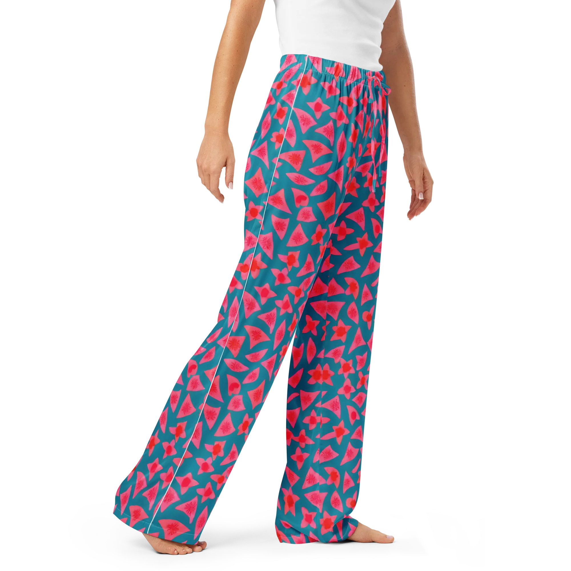 Neon Hibiscus Scatter on Women's Pajama Pants — Right Front