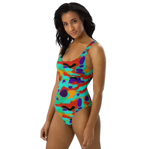 Prismatic Spill on a One-Piece Swimsuit