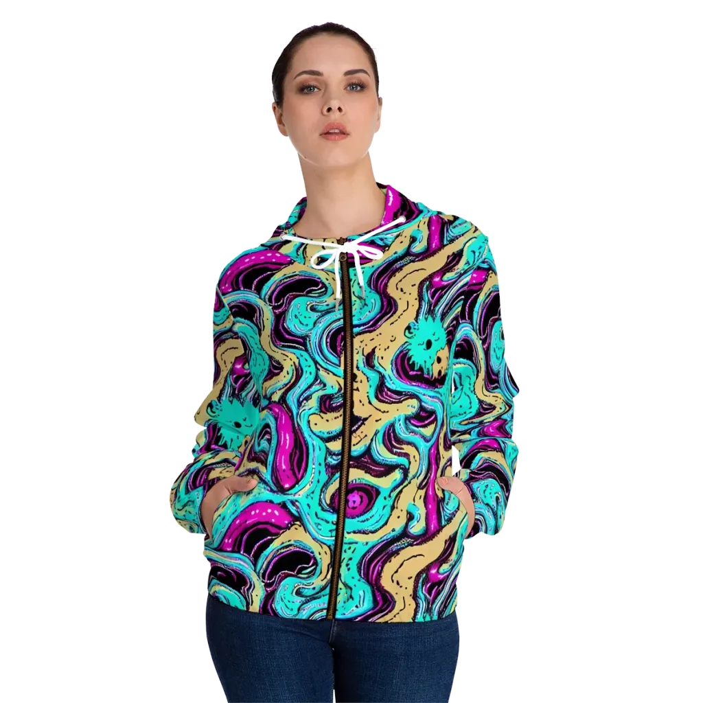 Neon Spill on Women's Full-Zip Hoodie — Front On Person