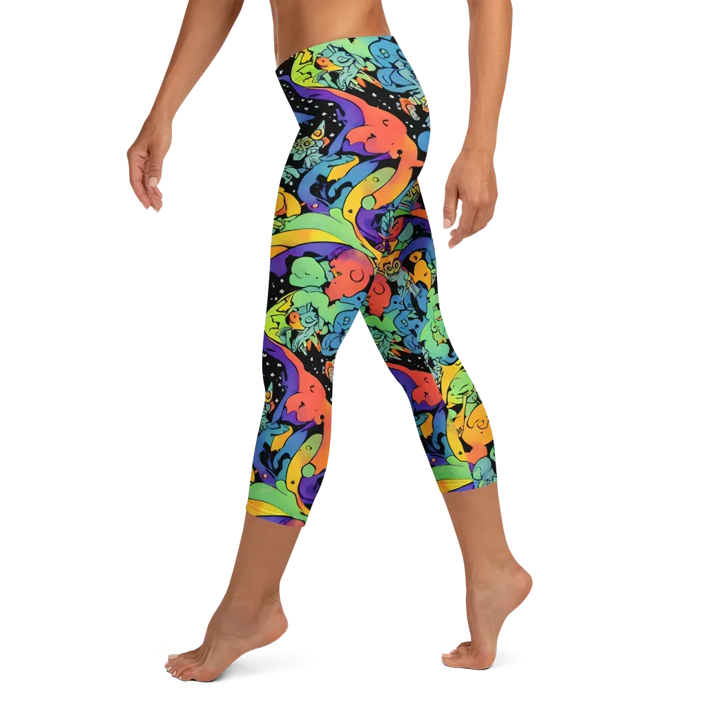 Neon Creature Carnival on Capri Leggings — Left