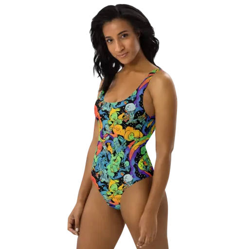 Neon Creature Carnival on a One-Piece Swimsuit