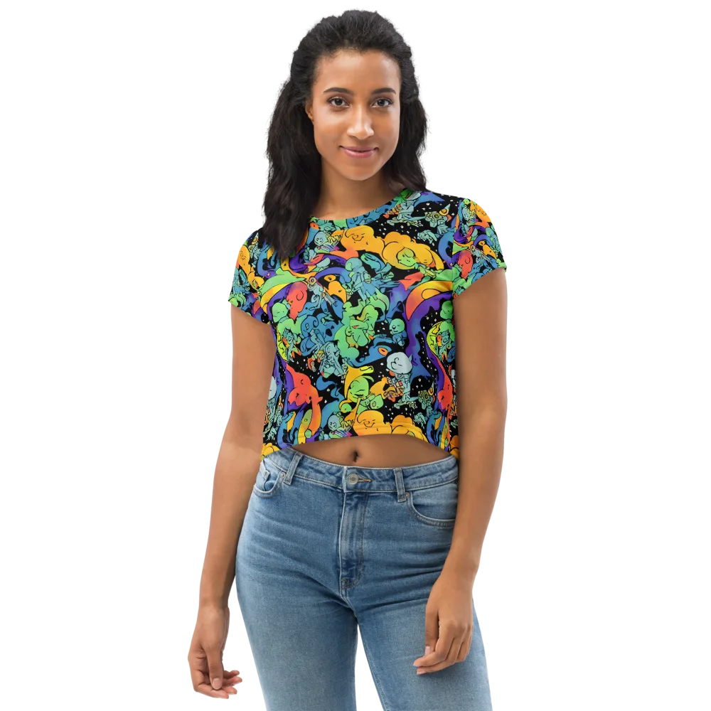 Neon Creature Carnival on Crop Tee — Front