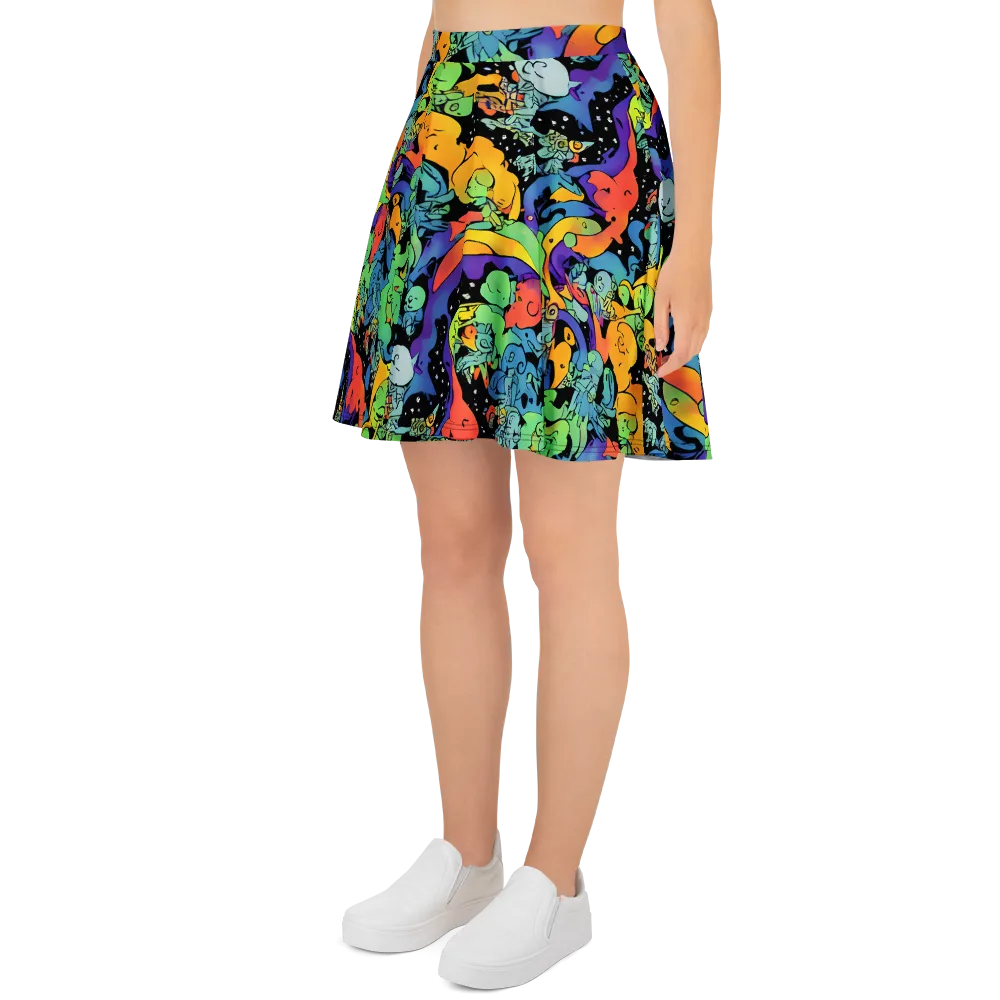 Neon Creature Carnival on Skater Skirt — Left