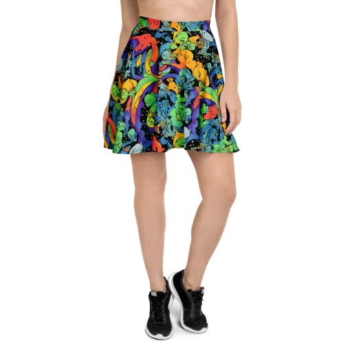 Neon Creature Carnival on a Skater Skirt