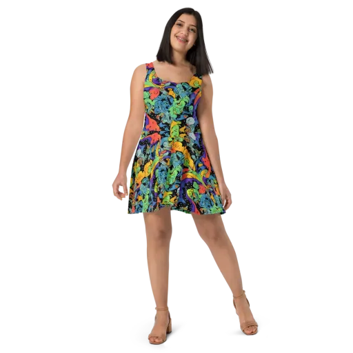 Neon Creature Carnival on a Skater Dress