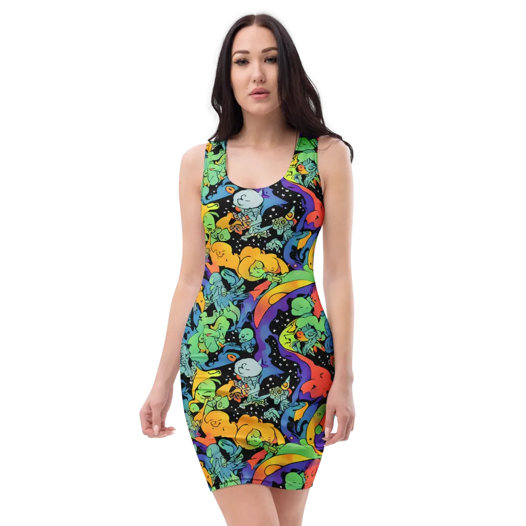 Neon Creature Carnival on Bodycon Dress — Front