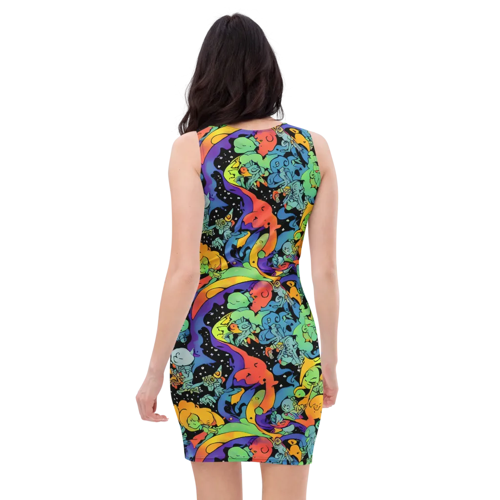Neon Creature Carnival on Bodycon Dress — Back