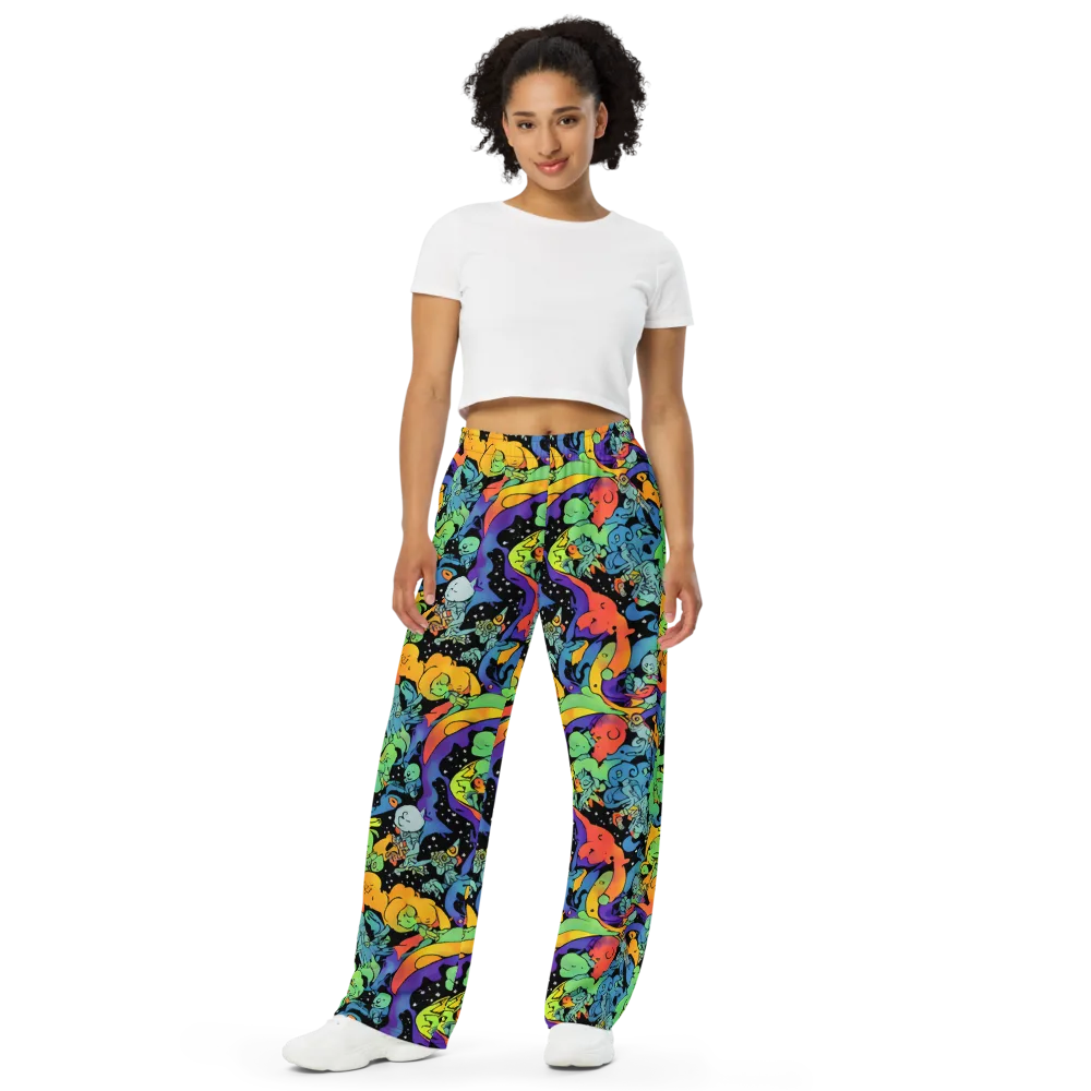 Neon Creature Carnival on Wide-Leg Pants — Front