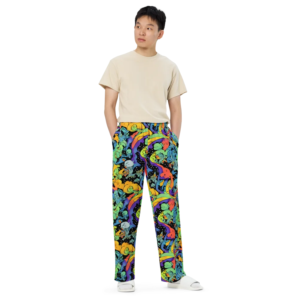 Neon Creature Carnival on Wide-Leg Pants — Front