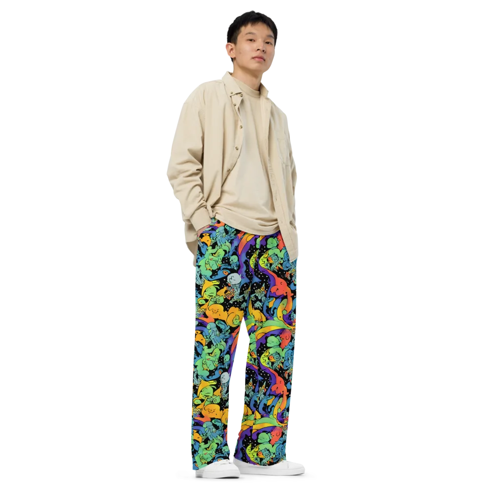 Neon Creature Carnival on Wide-Leg Pants — Right Front