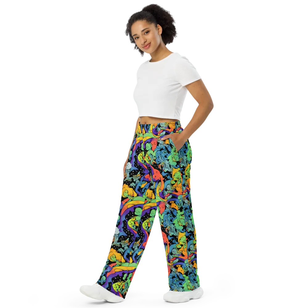 Neon Creature Carnival on Wide-Leg Pants — Left Front