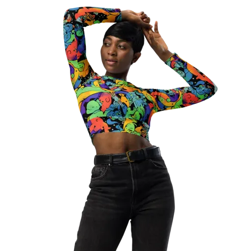 Neon Creature Carnival on a Long Sleeve Crop Top