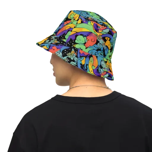 Neon Creature Carnival on a Reversible Bucket Hat