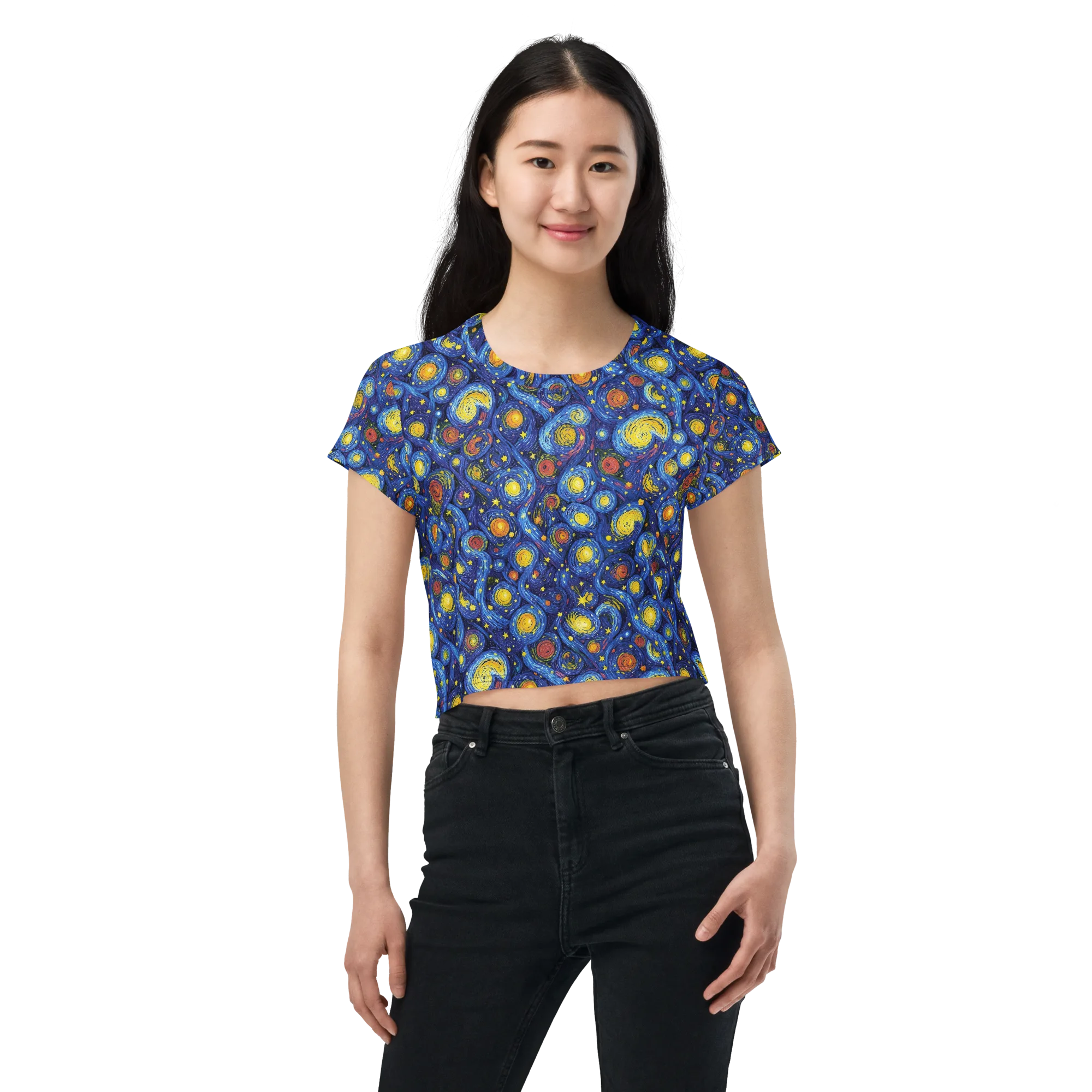 Cosmic Whirl on Crop Tee — Front