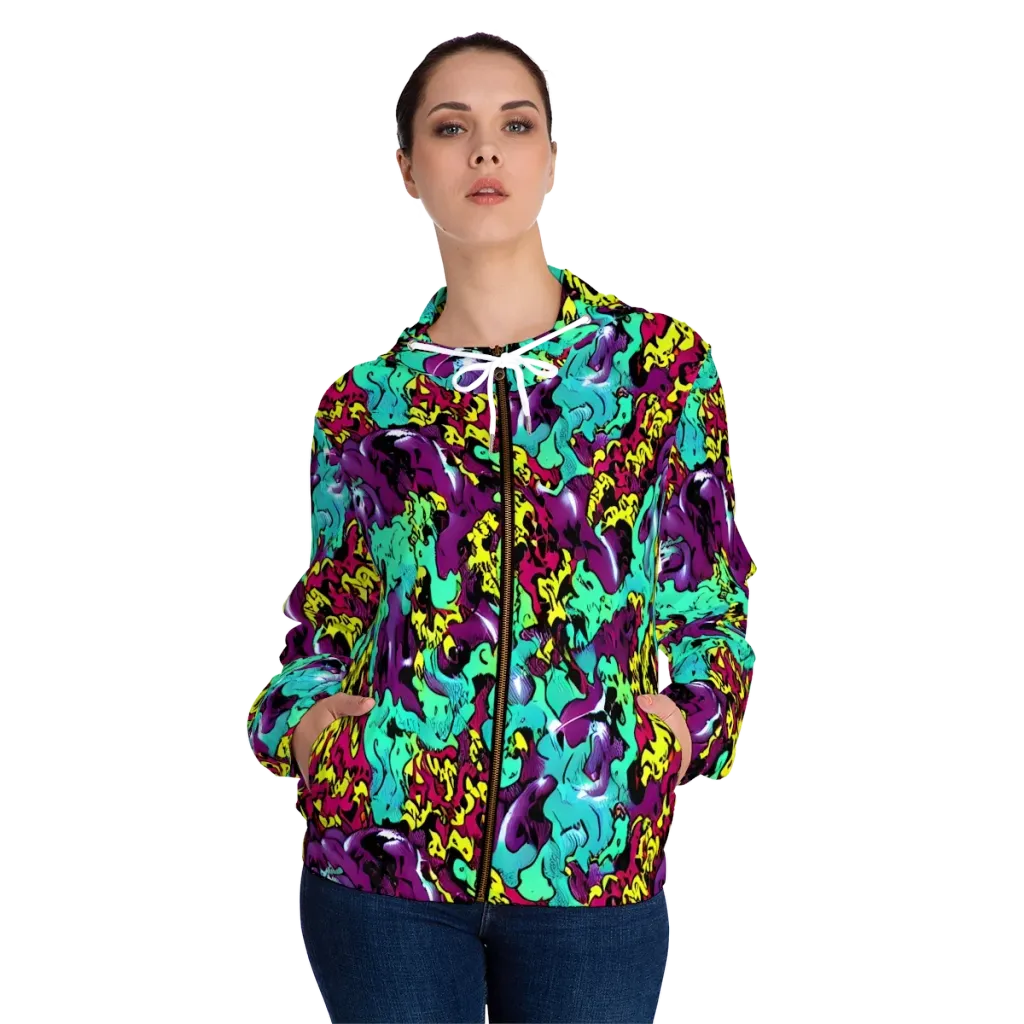 Electric Jurassic on Women's Full-Zip Hoodie — Front On Person
