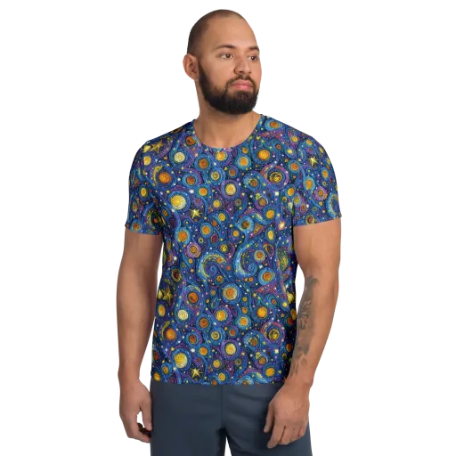 Starry Orbit on a Men's Athletic T-Shirt