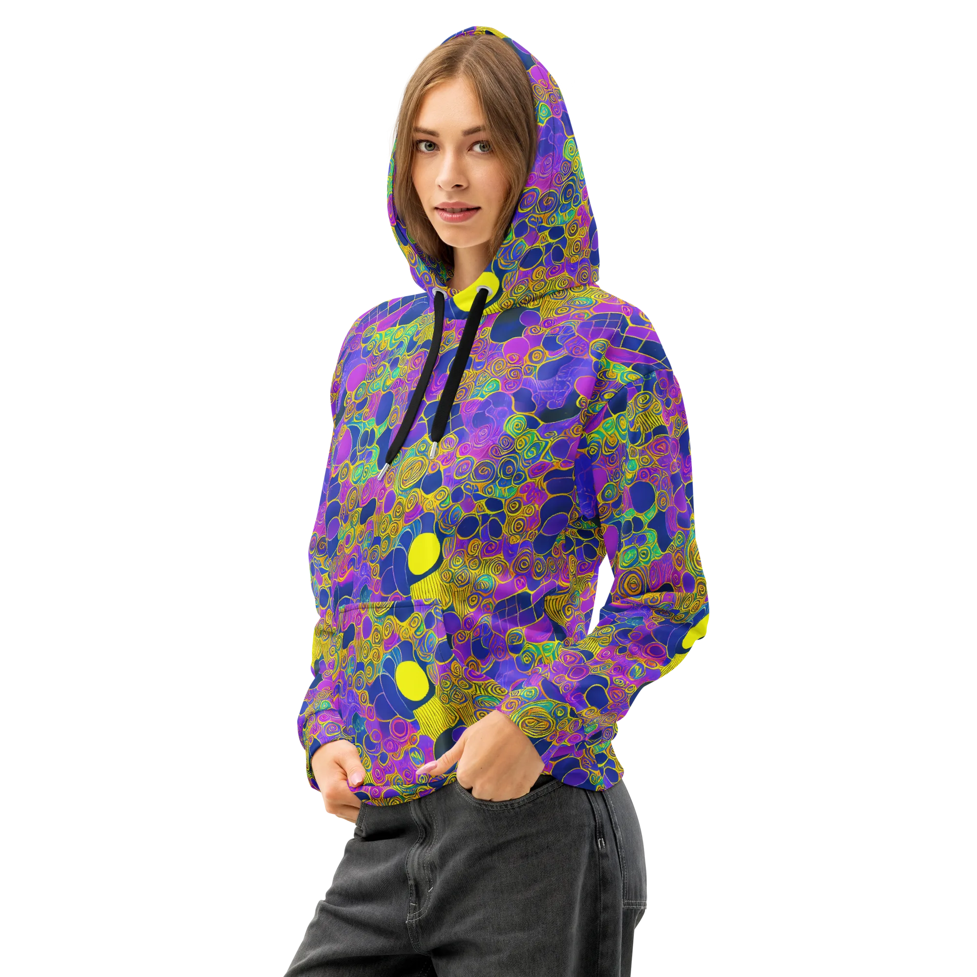 Neon Spiral Current on Cotton Hoodie — Left Front